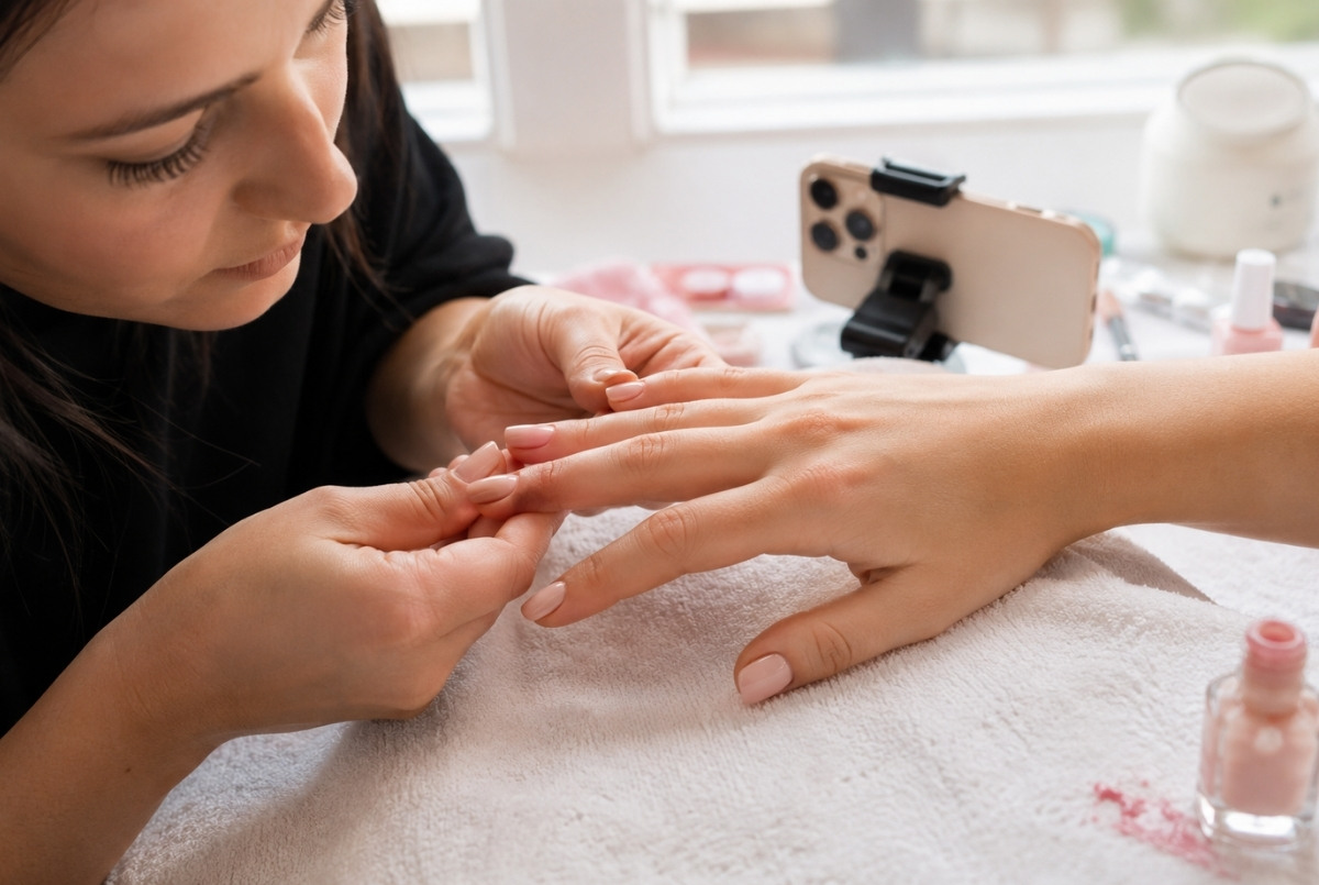 Beginner nail technician carefully checking nude polish edges on a model’s hand with a phone camera nearby.