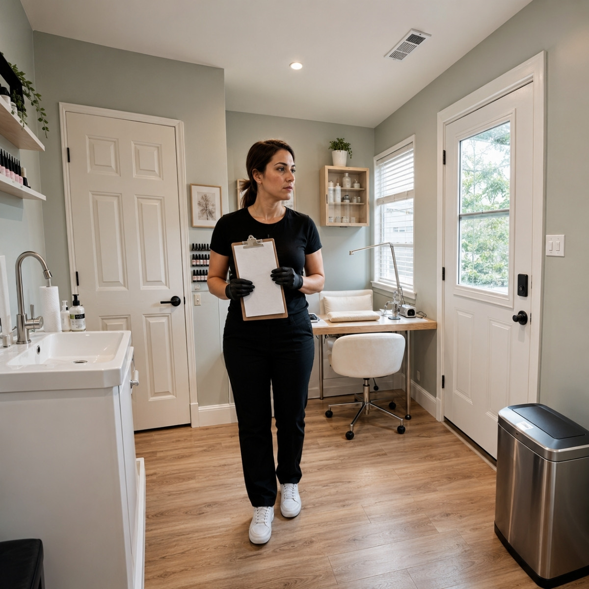Home-based nail professional inspecting a dedicated studio with a separate entrance, handwashing sink, ventilation, closed storage, manicure table, waste container, and clear walkway.