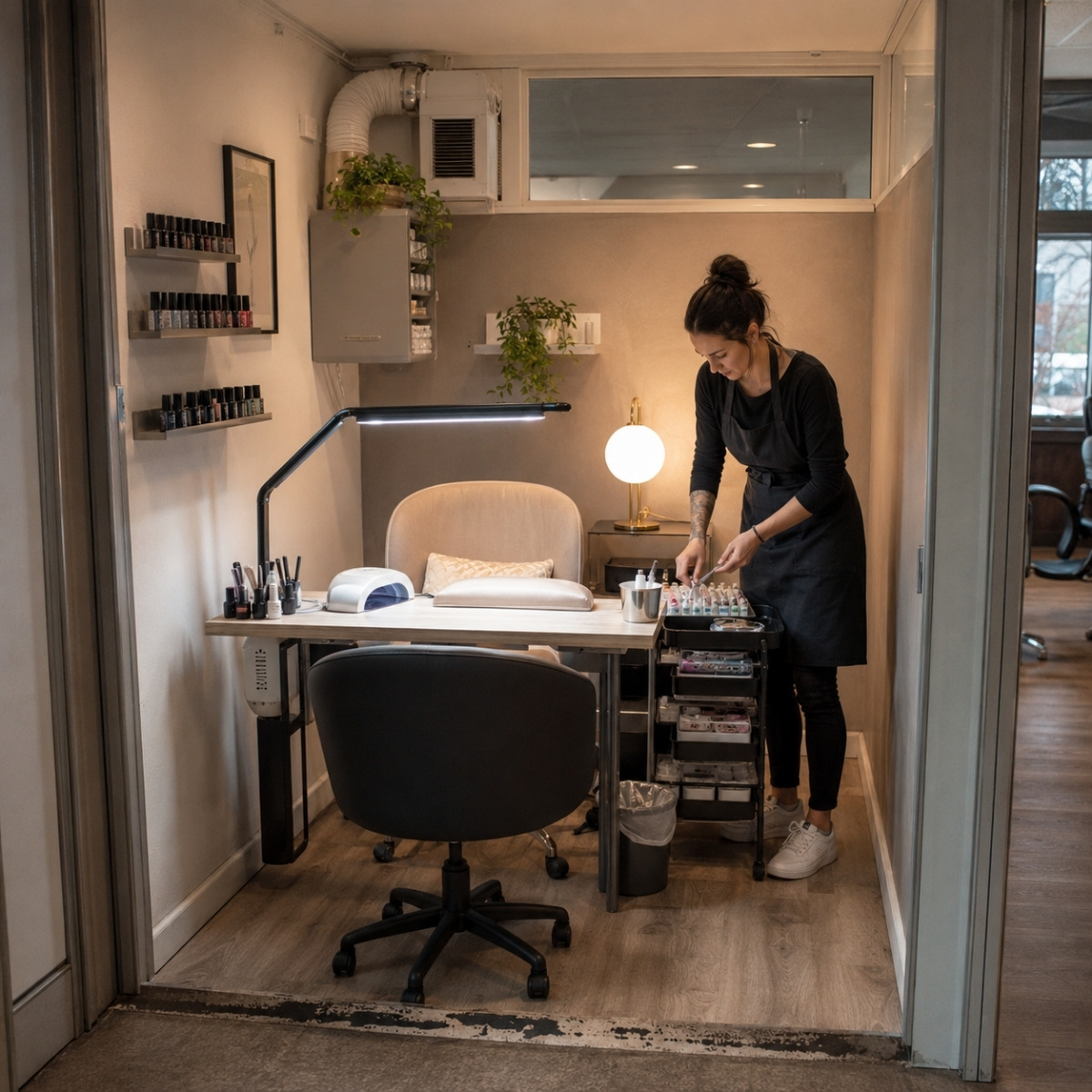 Nail technician arranging limited supplies in a compact rented booth with a manicure table, two chairs, rolling storage, task lighting, and ventilation equipment.