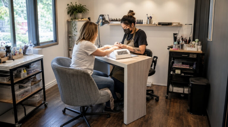 Independent nail technician serving a client in a compact salon booth with a manicure table, rolling storage, task lighting, organized supplies, and dust ventilation.