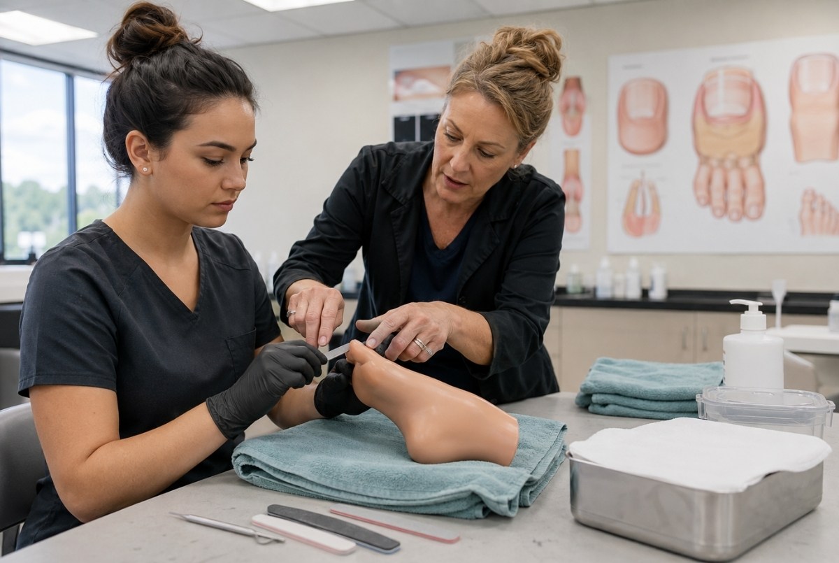 Manicuring student practices conservative foot care on a training model while an instructor demonstrates safe hand positioning at a sanitary classroom workstation.