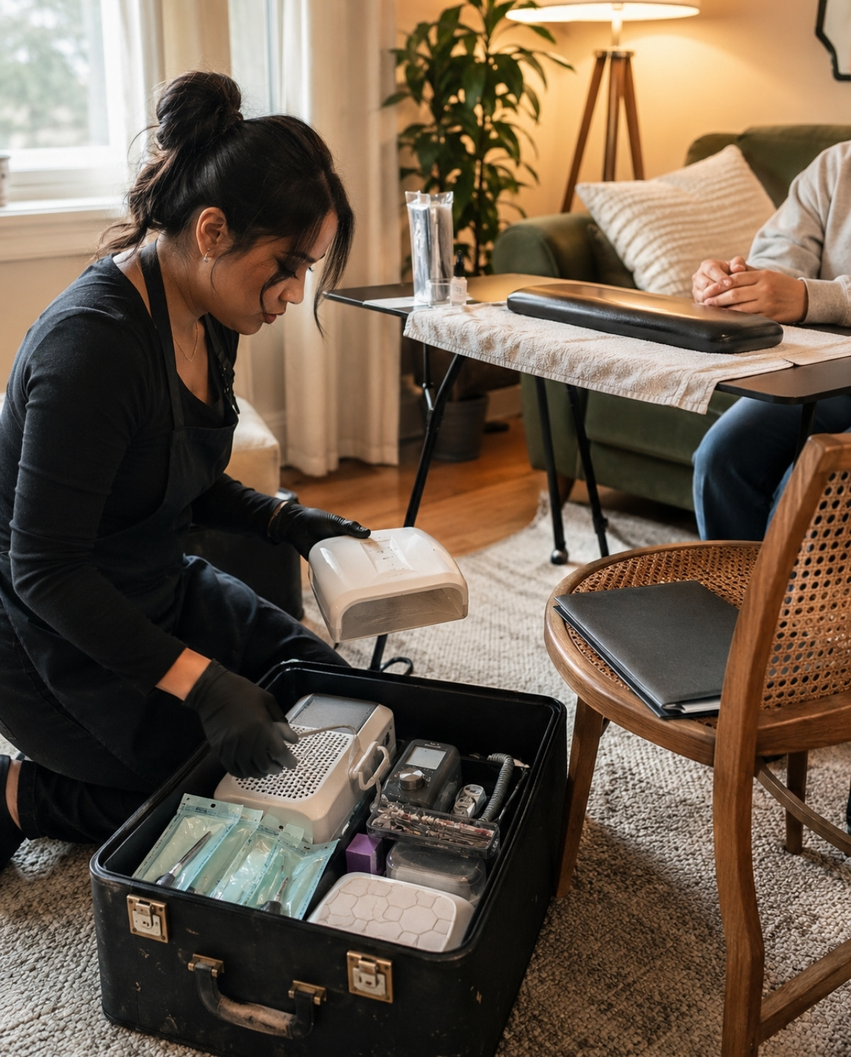 Mobile nail technician unpacking a curing lamp, electric file, dust collector, sealed tools, gloves, and manicure supplies from a worn travel case inside a client’s living room.