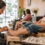 Female nail technician gently files the healthy toenails of an older woman during a careful waterless pedicure in a clean community salon.