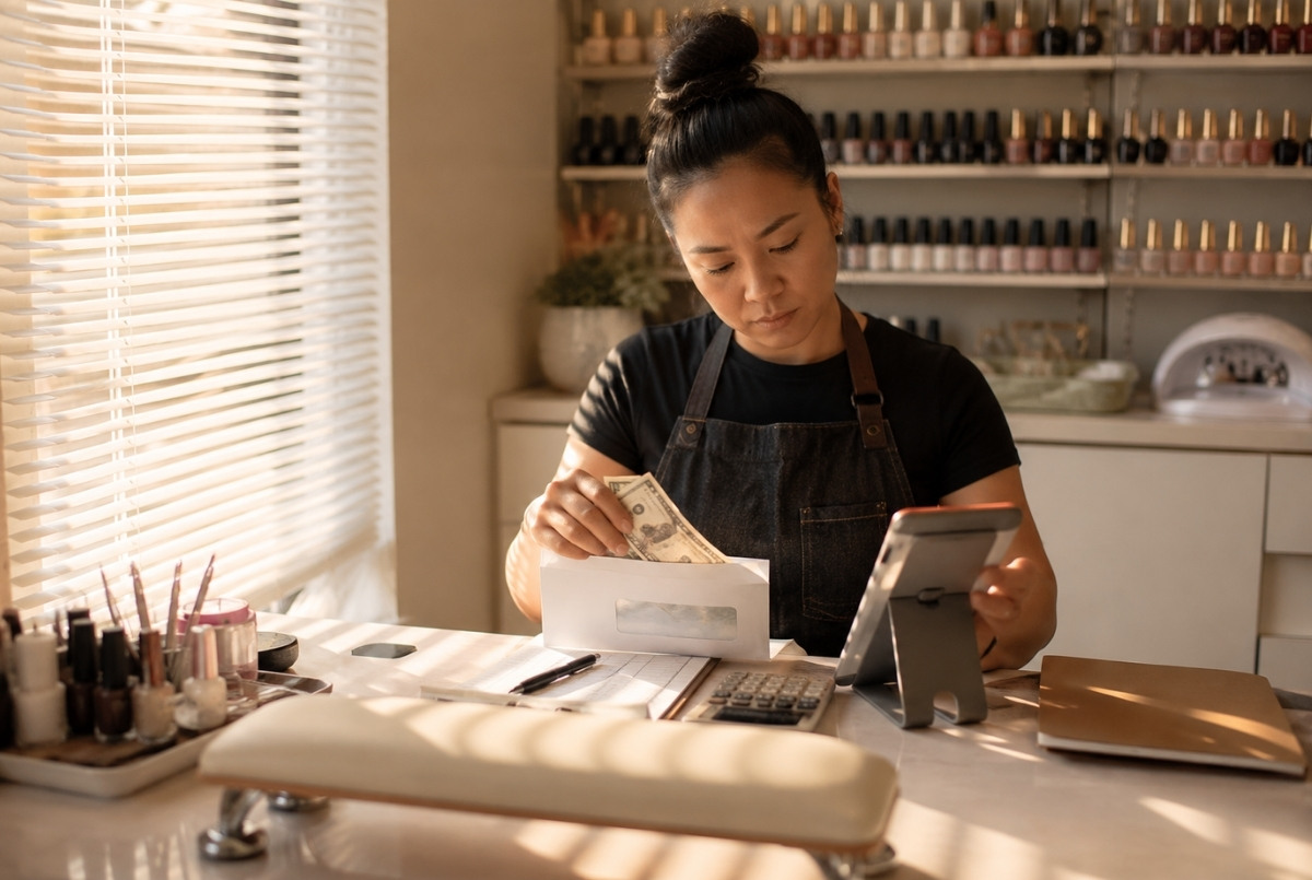 Nail technician placing cash tips into an envelope while reviewing electronic gratuities, appointment records, a payment terminal, a calculator, and an income folder.