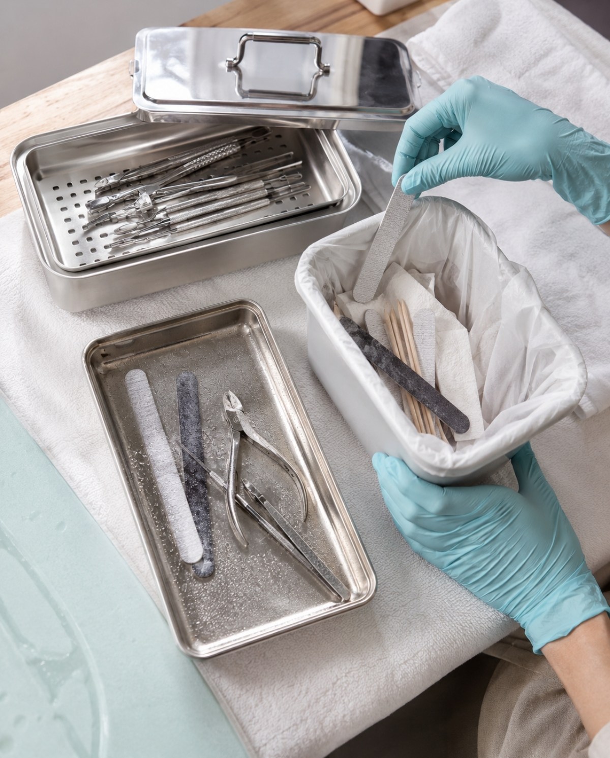 Gloved hands separate used nail implements from disinfected tools while disposable files are discarded at a clean professional workstation.