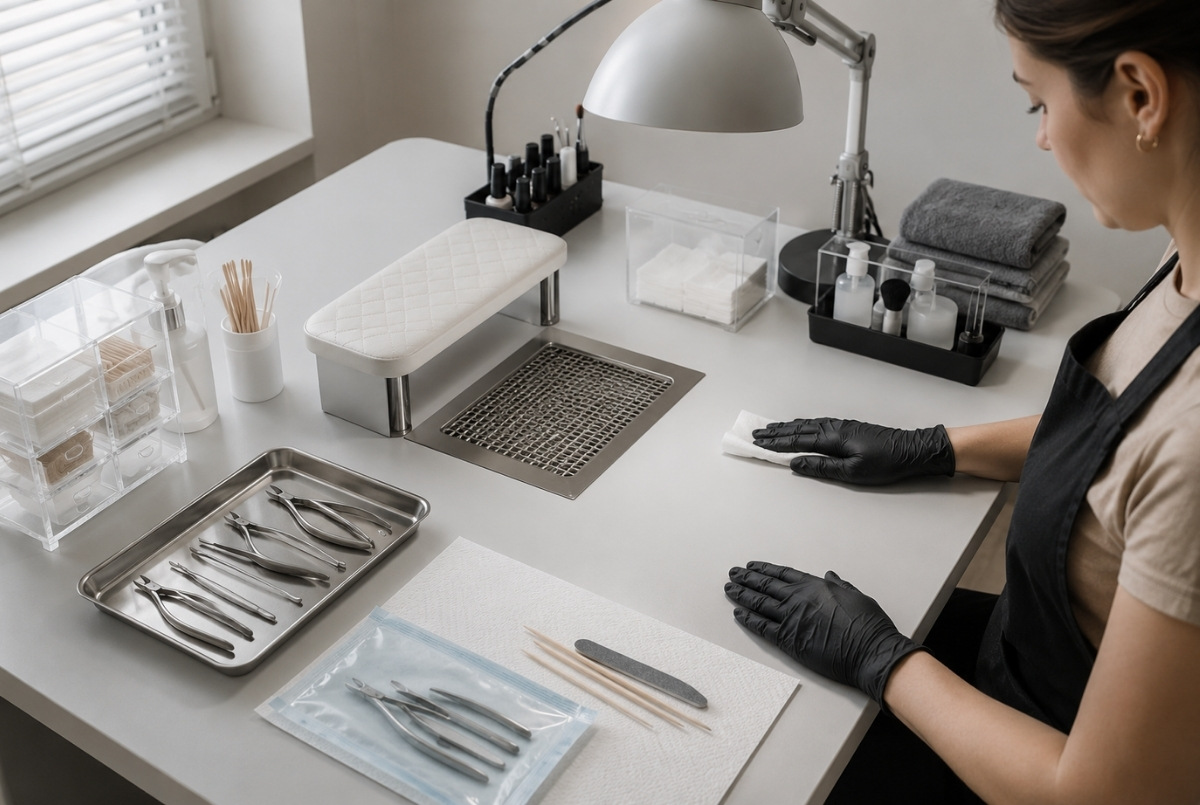 Prepared manicure station with sanitized reusable tools, separated disposable supplies, a clean work surface, task lighting, and a source capture ventilation grille.