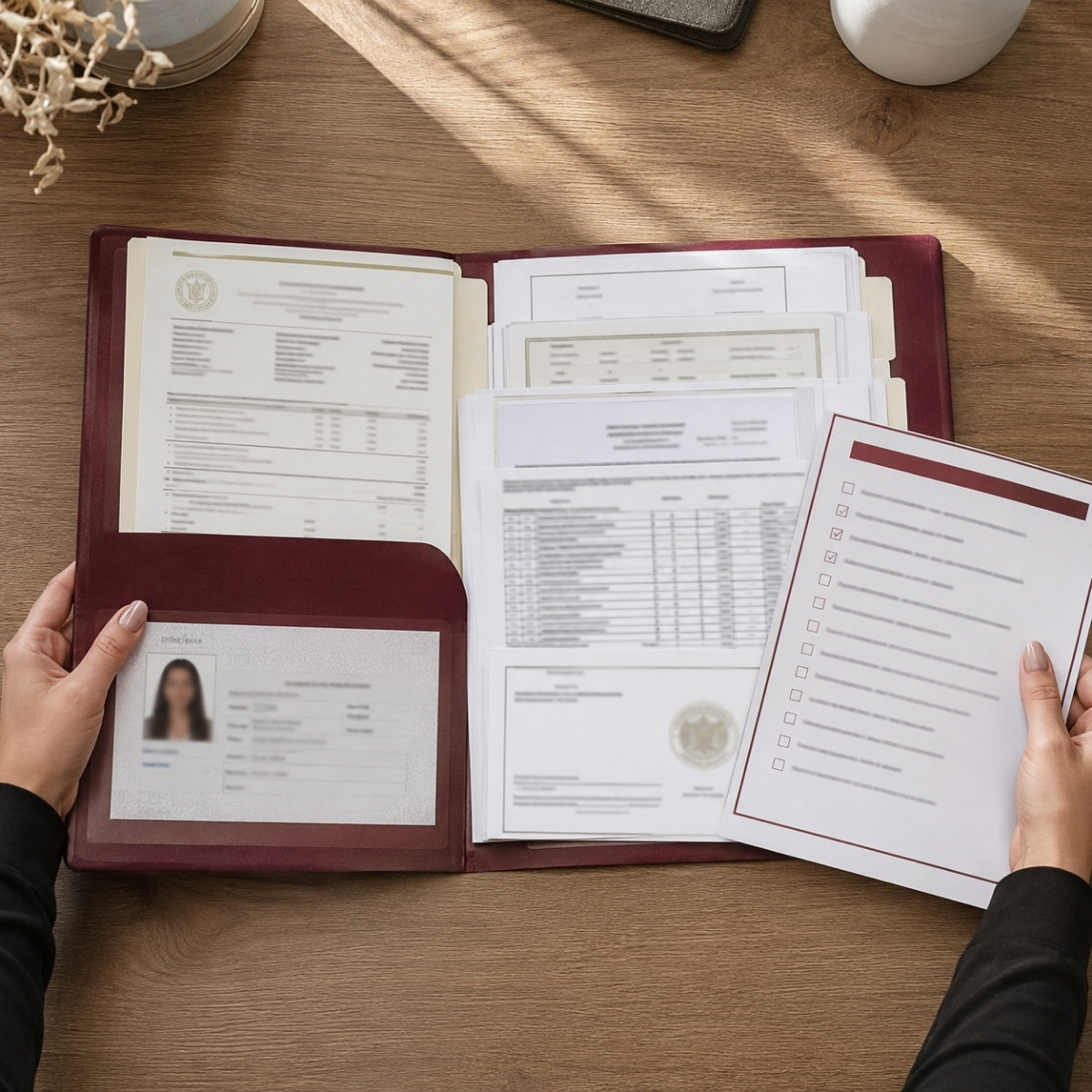 A cosmetologist organizes license verification, training records, exam history, identification, and work-experience documents inside a transfer folder.