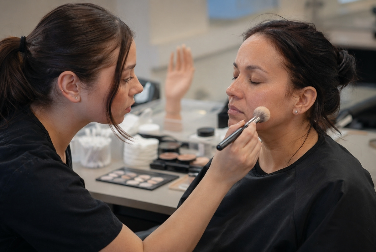 Cosmetology student blends complexion makeup on an adult class partner using a clean brush while sanitized beauty supplies and manicure practice materials sit nearby.