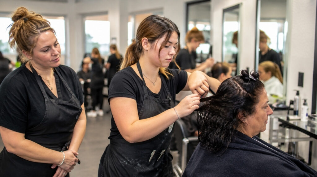 Cosmetology student works on a real client while an experienced instructor observes the hair sectioning and styling process in a busy training salon.