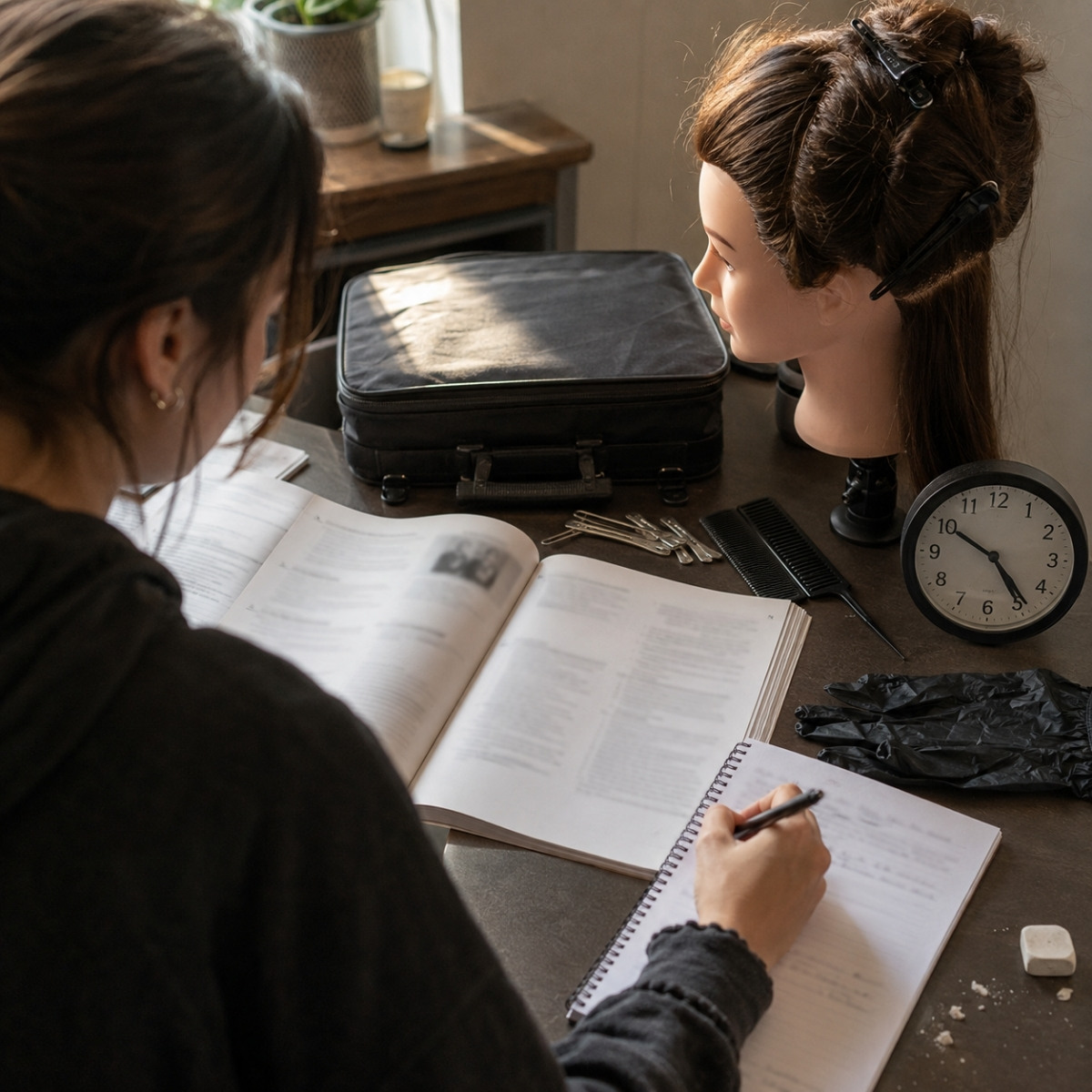 Cosmetology student studies licensing preparation material beside a sectioned mannequin head, combs, gloves, tool case, notebook, and analog clock.
