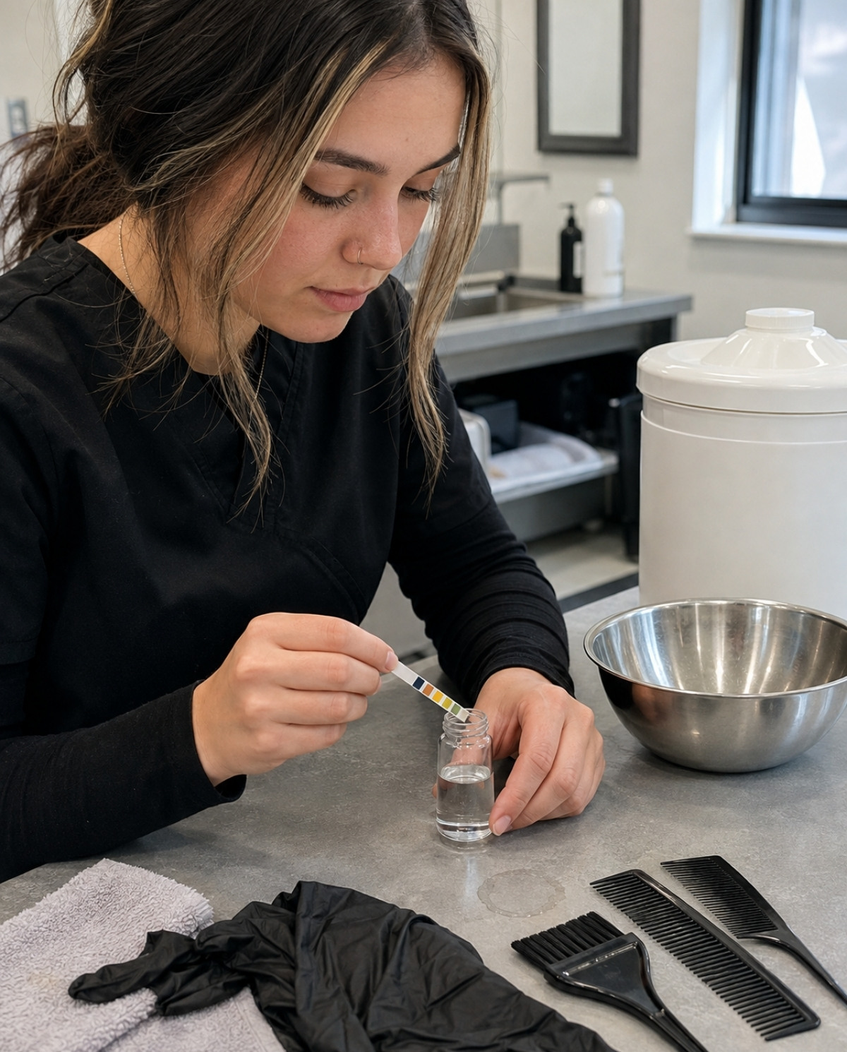 Cosmetology student checks the pH of an unlabeled liquid with a test strip beside clean combs, gloves, mixing equipment, and sanitation supplies.
