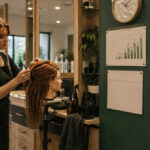Cosmetology student styles mannequin hair beside a wall clock, progress chart, calendar, and temporarily empty training station.