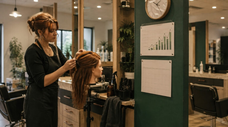 Cosmetology student styles mannequin hair beside a wall clock, progress chart, calendar, and temporarily empty training station.