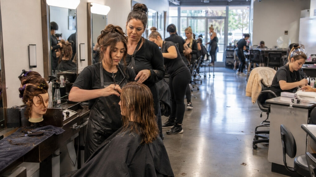 Cosmetology student works on a client’s hair while an instructor supervises in an active training salon with mannequin and beauty practice stations nearby.