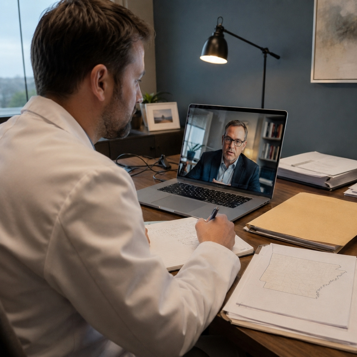 Dentist speaking with a compliance adviser by video while reviewing state information, insurance documents, and professional credentials.