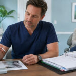 Dentist reviewing a facial anatomy model and state-law binder while an adult patient waits for a clinical consultation.
