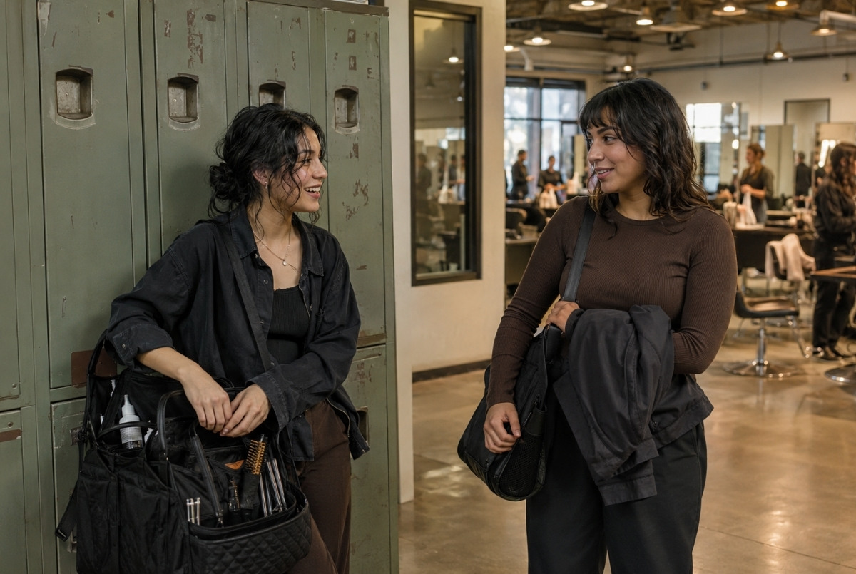 Two adult cosmetology students with different training kits and clothing discuss their daytime and evening schedules near classroom lockers.