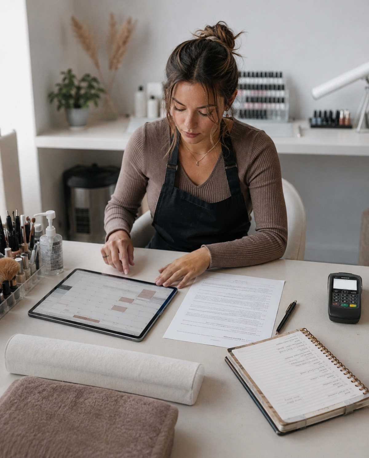 Independent nail technician reviews a tablet booking calendar, salon policy sheet, appointment notebook, and payment terminal before the workday begins.