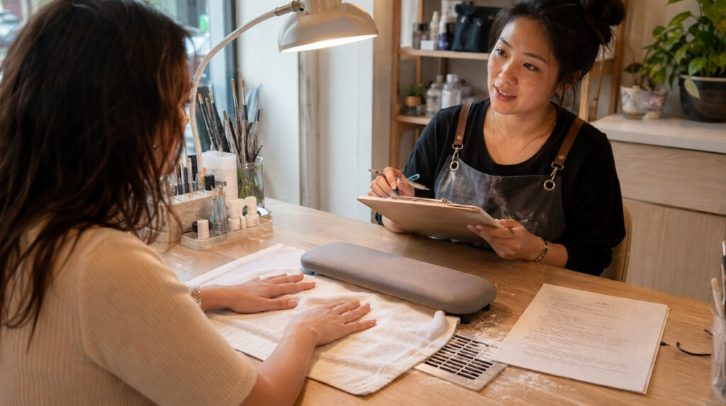 Nail technician reviews an intake form with a client whose natural hands rest at an organized manicure station before the service begins.