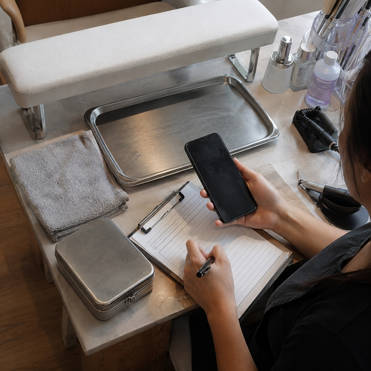 Nail technician uses a phone and written client notes at a cleaned manicure station while sanitized tools and a closed tool container remain nearby.