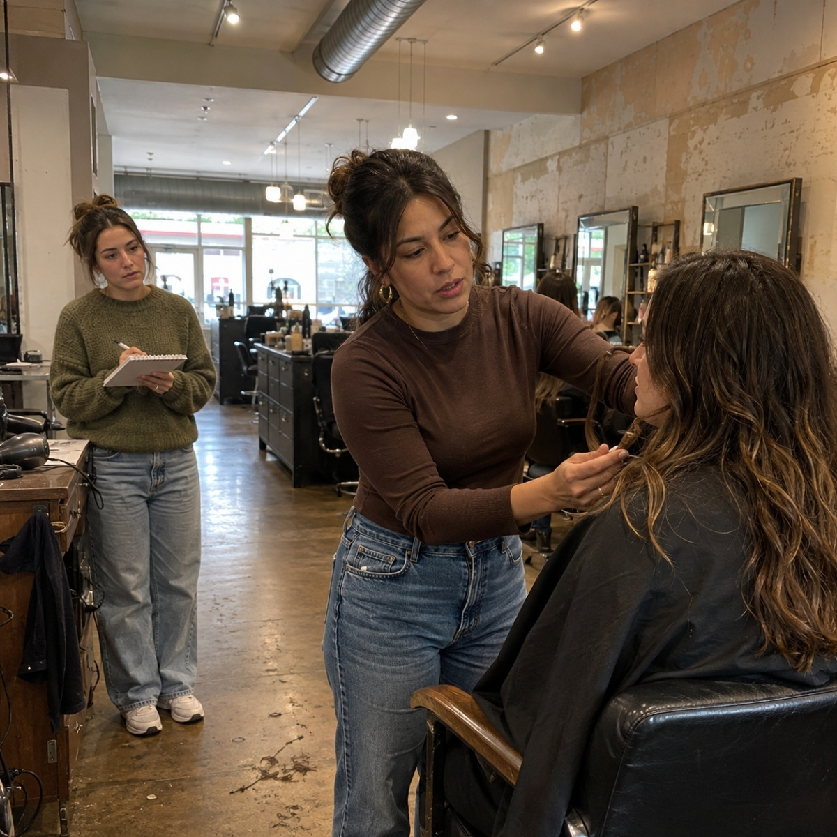 Prospective cosmetology student takes notes while observing a hairstylist examine a client's hair and discuss the planned salon service.