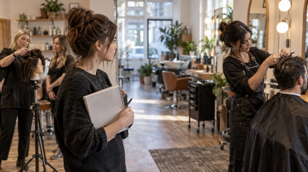 Aspiring beauty professional observing an instructor-led mannequin lesson and a supervised apprentice serving a salon client.