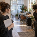 Aspiring beauty professional observing an instructor-led mannequin lesson and a supervised apprentice serving a salon client.