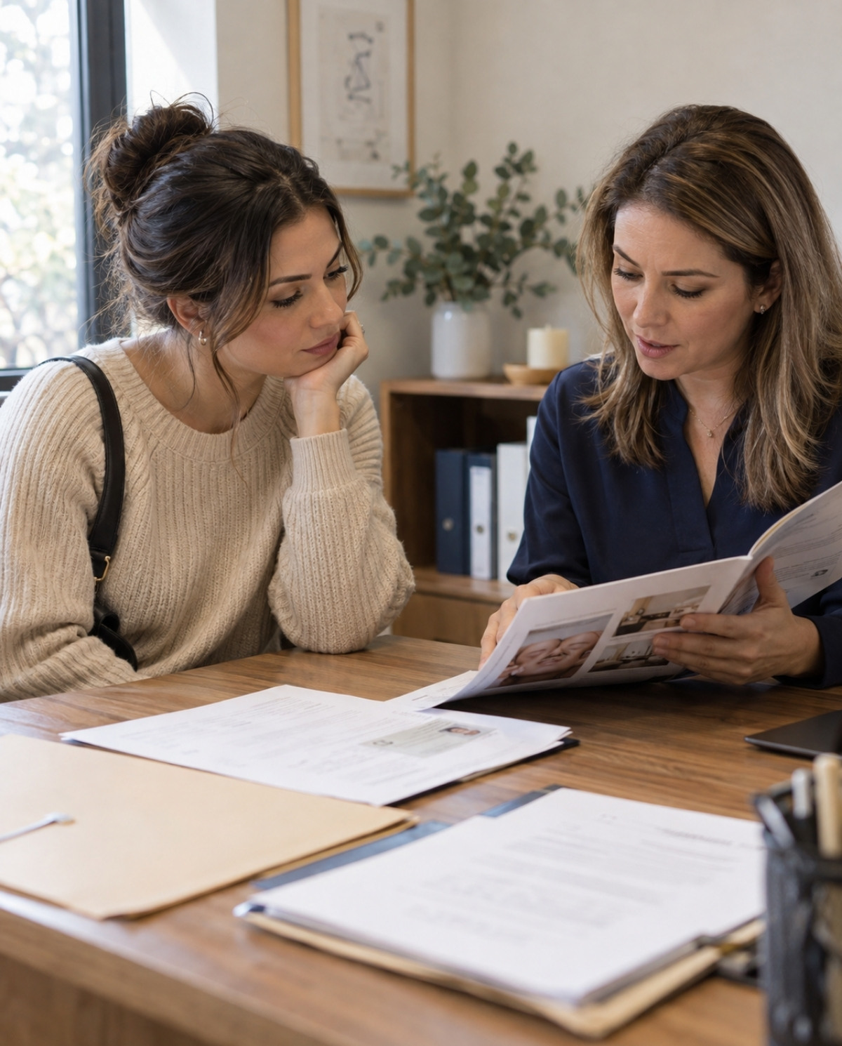 Adult cosmetologist listens as an adviser reviews instructor-course paperwork across a wooden desk with supporting documents laid nearby.