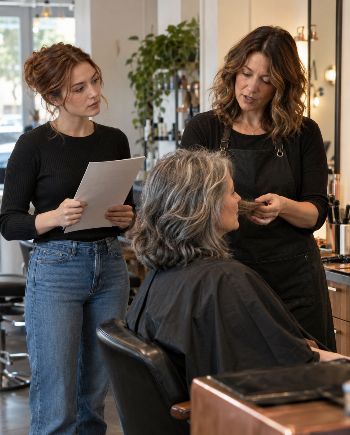 Senior hairstylist guiding a cosmetology apprentice through a professional client consultation before beginning a haircut service.
