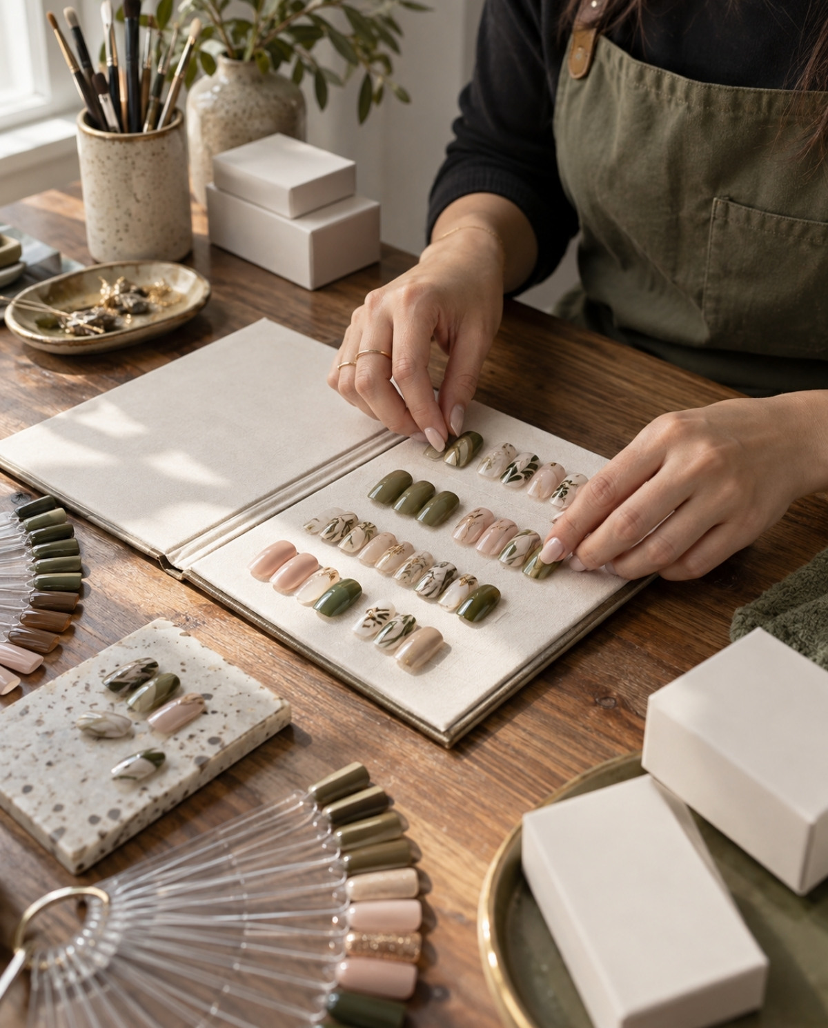 Nail technician arranging coordinated olive, clay, and ivory nail-art samples beside color swatches and blank packaging.