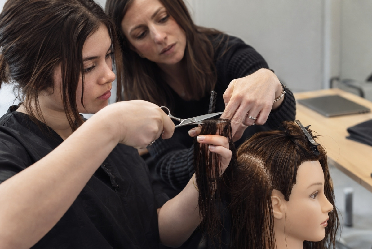 Cosmetology instructor demonstrating correct finger and shear positioning while a student practices sectioned haircutting on a mannequin.