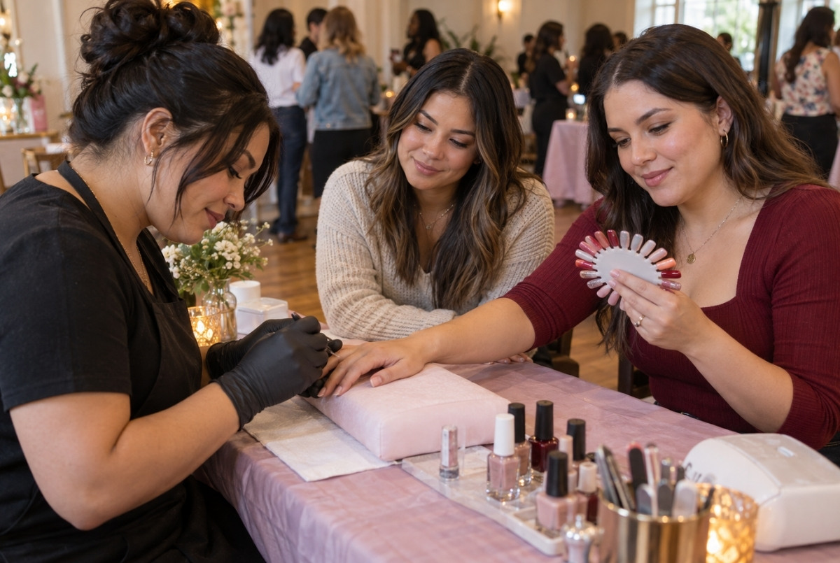 Nail technician performing a manicure demonstration while two prospective clients observe the technique and examine a nail sample wheel.