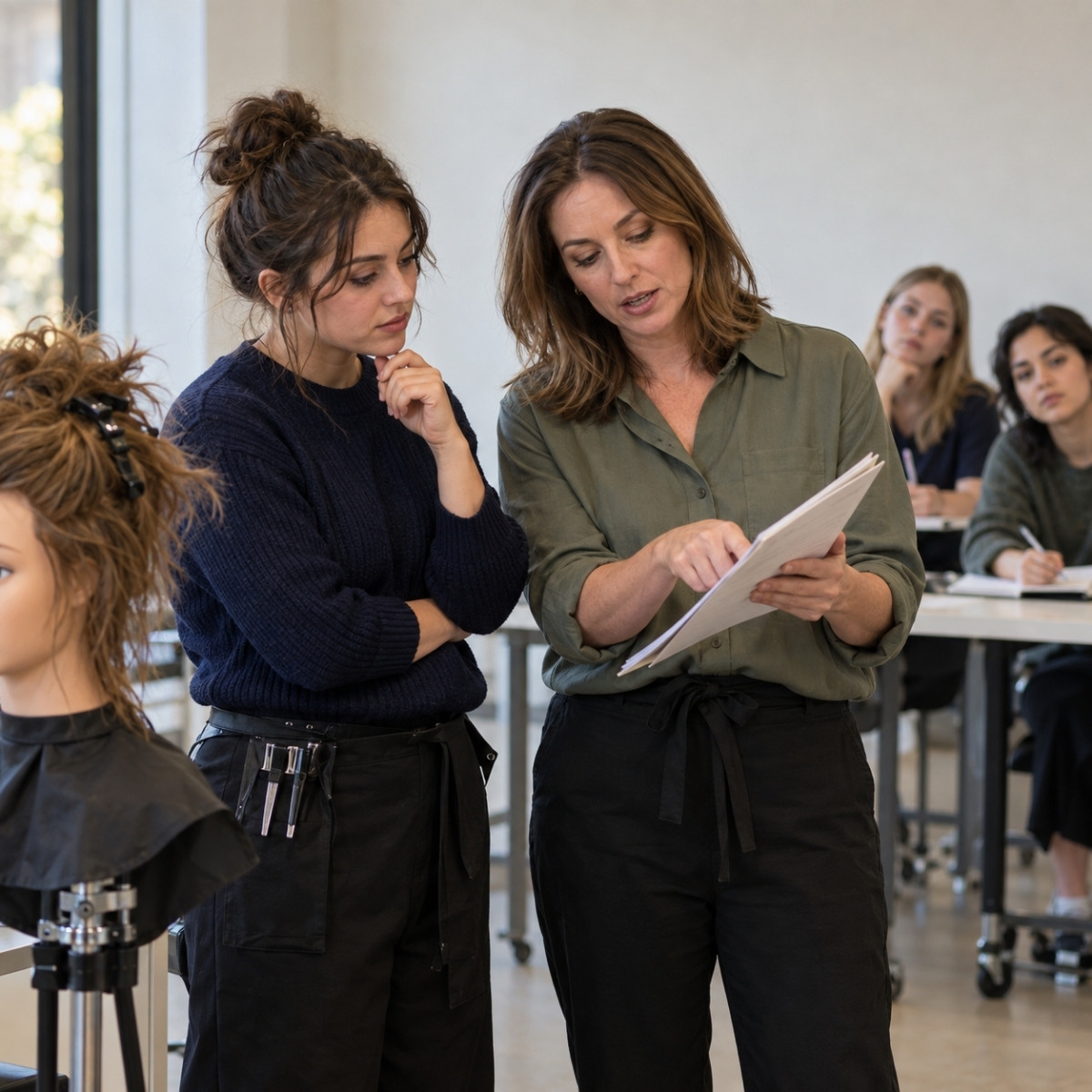 Instructor candidate listens as a mentor points to a lesson-plan page beside a mannequin while two practice learners sit in the background.