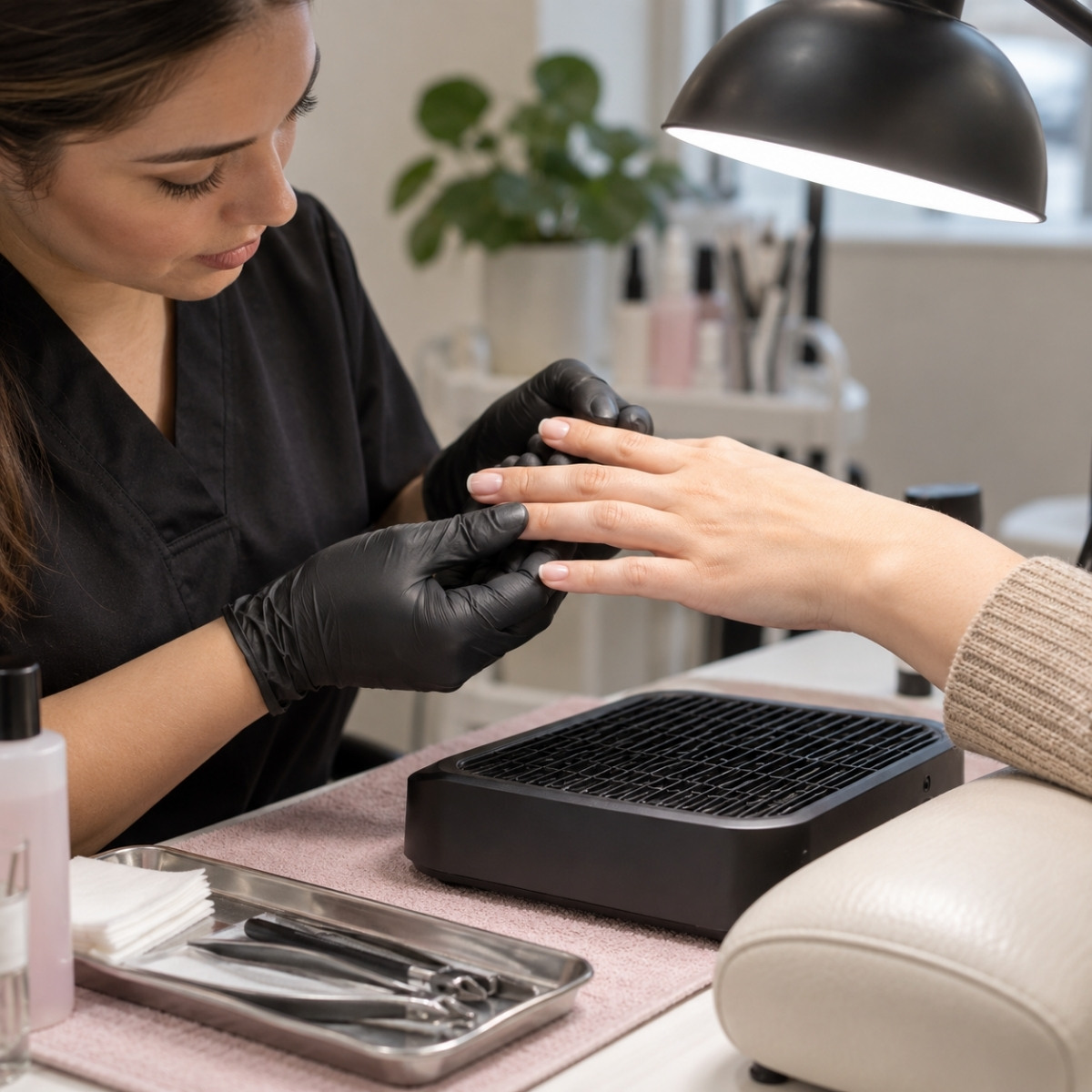 Gloved nail professional examining a client’s natural nails under a task lamp beside clean tools and a tabletop ventilation unit.