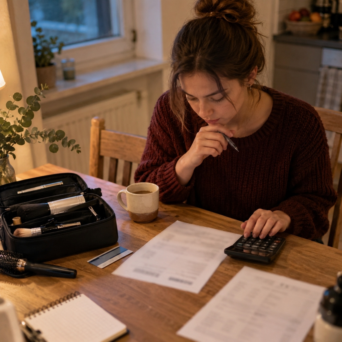 Cosmetology applicant calculating training expenses beside a professional kit, transit card and detailed cost worksheets at home.